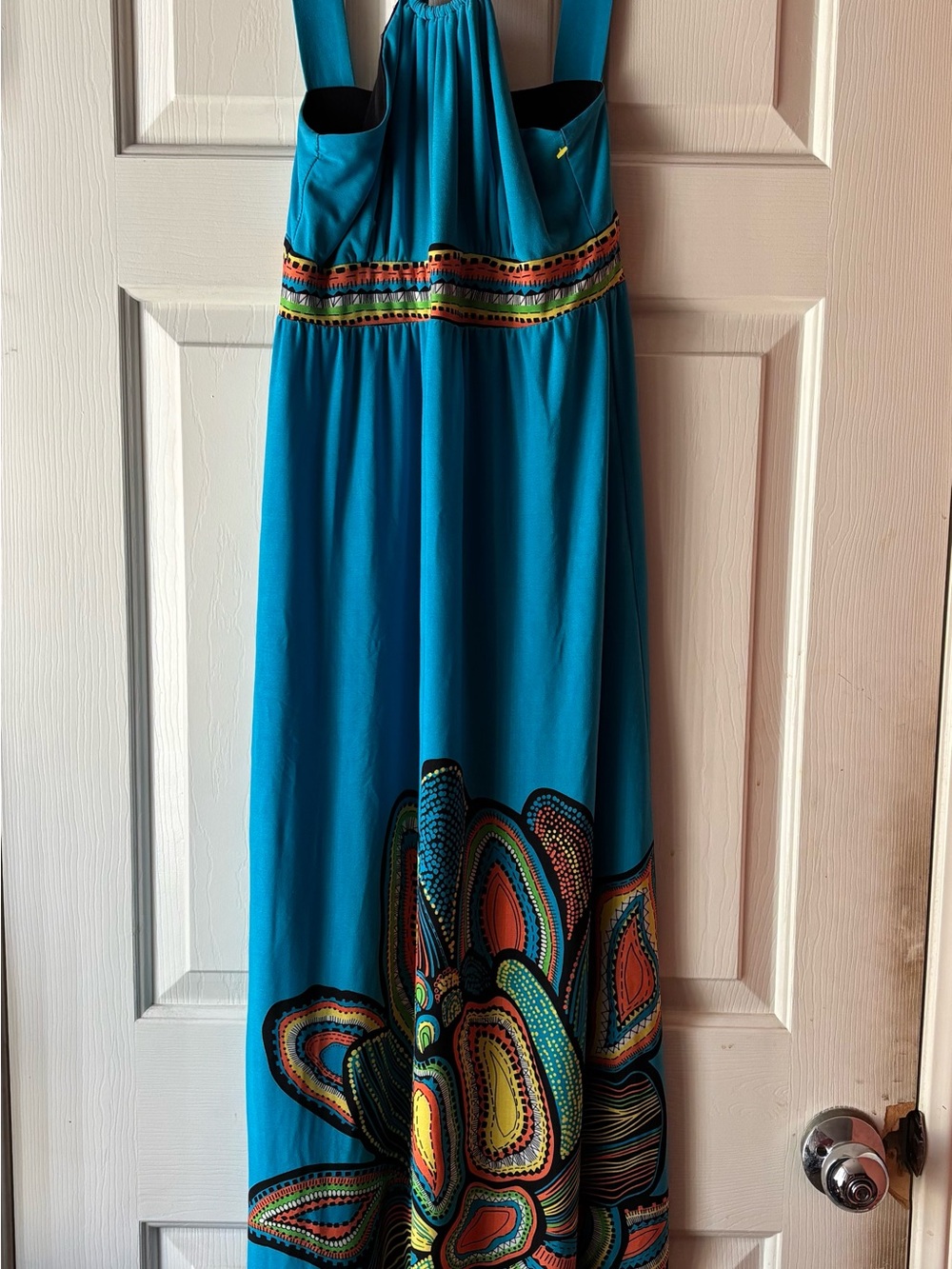 Emma and Michelle Teal Maxi Dress with Multicolor Abstract Print S EUC